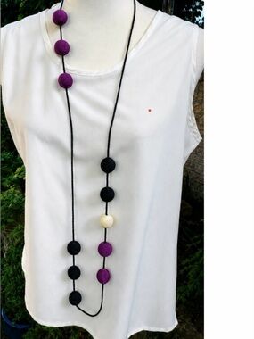 Vintage Wearable Art Asymmetrical Textile Bead Necklace • Black Deep Purple MoMa